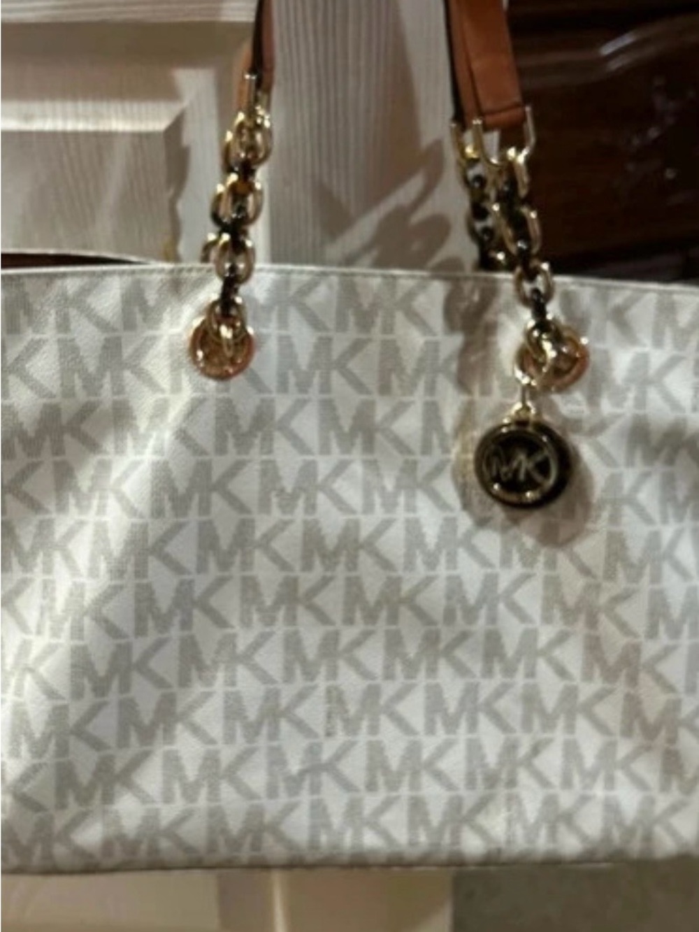 Michael Kors Cream MK Logo Tote with Tan Straps and Gold Hardware